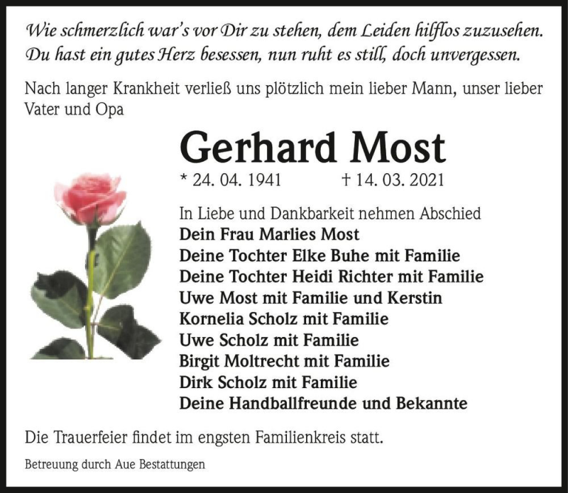  Traueranzeige für Gerhard Most  vom 20.03.2021 aus Magdeburger Volksstimme