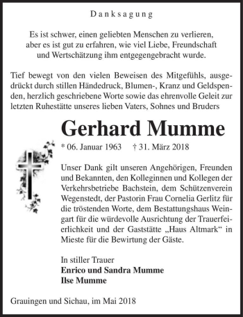 Traueranzeige von Gerhard Mumme  von Magdeburger Volksstimme
