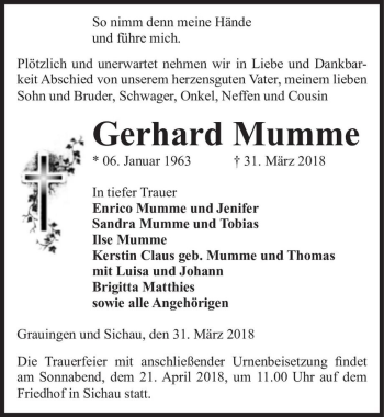 Traueranzeige von Gerhard Mumme  von Magdeburger Volksstimme