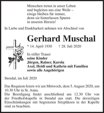 Traueranzeige von Gerhard Muschal  von Magdeburger Volksstimme