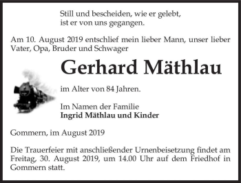 Traueranzeige von Gerhard Mäthlau  von Magdeburger Volksstimme
