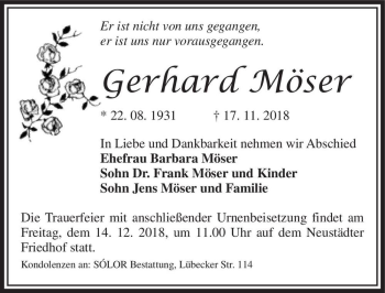 Traueranzeige von Gerhard Möser  von Magdeburger Volksstimme