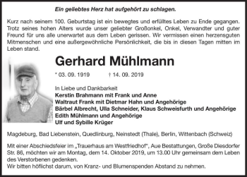 Traueranzeige von Gerhard Mühlmann  von Magdeburger Volksstimme