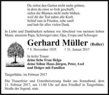 Traueranzeige von Gerhard Müller (Boller)  von Magdeburger Volksstimme