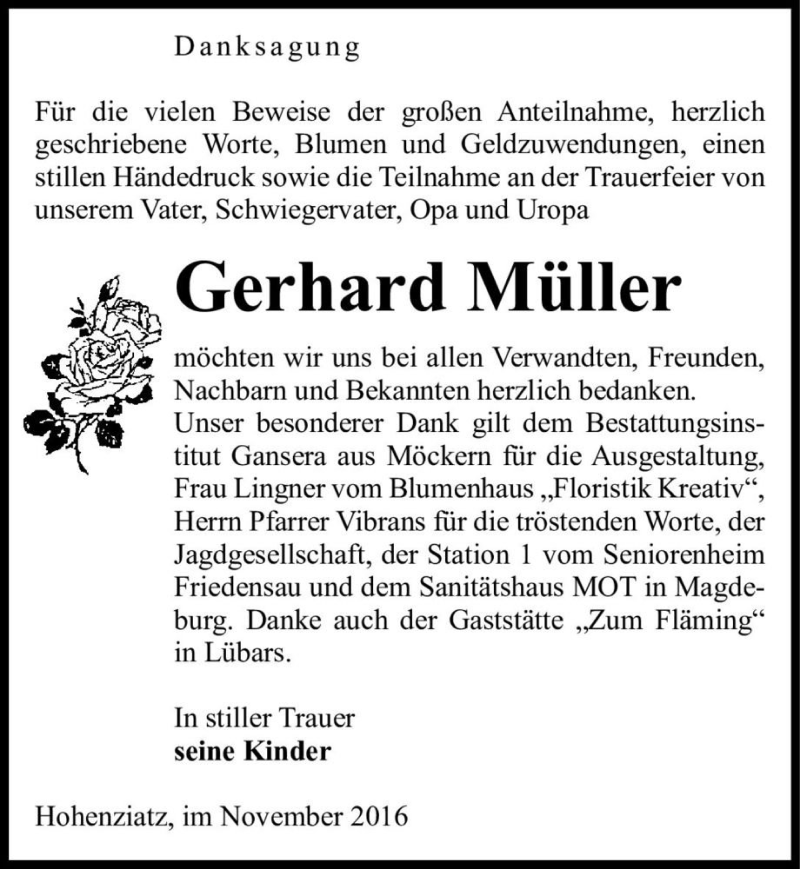 Traueranzeige für Gerhard Müller  vom 05.11.2016 aus Magdeburger Volksstimme