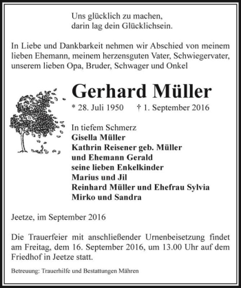 Traueranzeige von Gerhard Müller  von Magdeburger Volksstimme