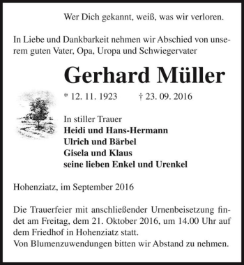 Traueranzeige von Gerhard Müller  von Magdeburger Volksstimme
