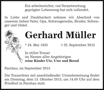 Traueranzeige von Gerhard Müller  von Magdeburger Volksstimme