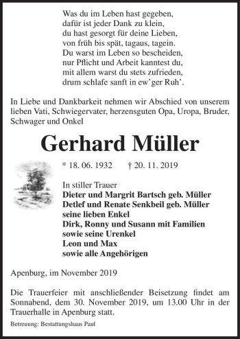 Traueranzeige von Gerhard Müller  von Magdeburger Volksstimme