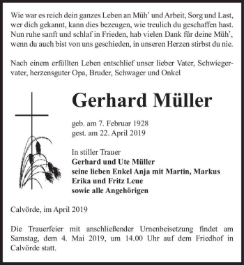 Traueranzeige von Gerhard Müller  von Magdeburger Volksstimme