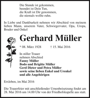 Traueranzeige von Gerhard Müller  von Magdeburger Volksstimme