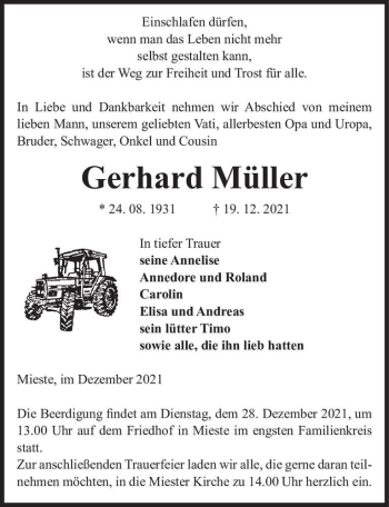 Traueranzeige von Gerhard Müller  von Magdeburger Volksstimme