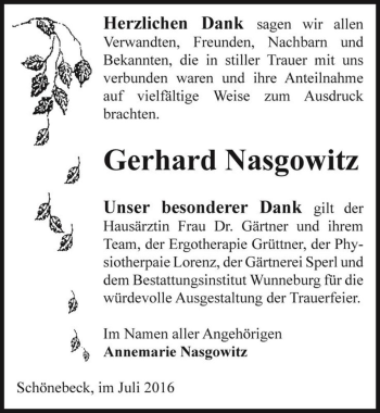 Traueranzeige von Gerhard Nasgowitz  von Magdeburger Volksstimme