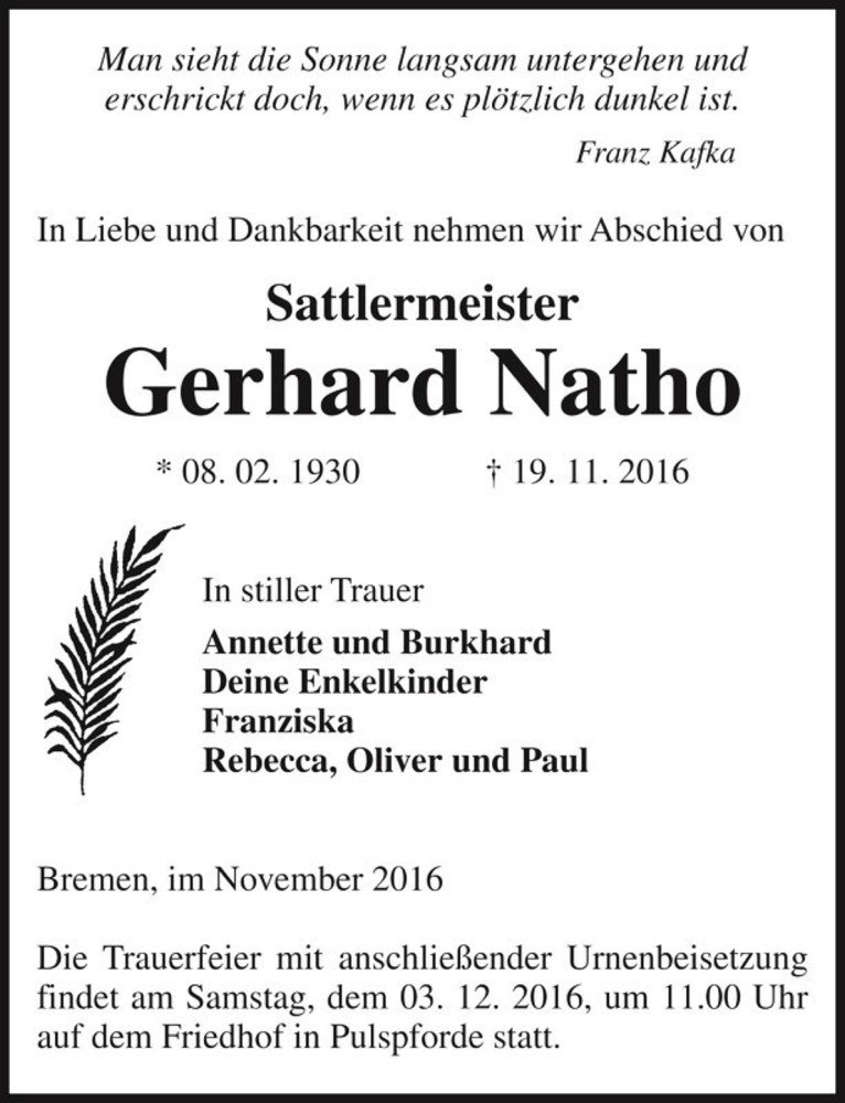  Traueranzeige für Gerhard Natho  vom 26.11.2016 aus Magdeburger Volksstimme