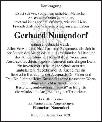 Traueranzeige von Gerhard Nauendorf  von Magdeburger Volksstimme