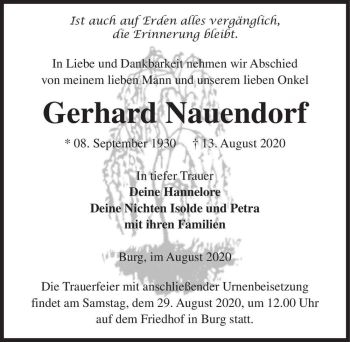 Traueranzeige von Gerhard Nauendorf  von Magdeburger Volksstimme