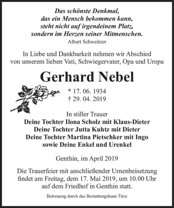 Traueranzeige von Gerhard Nebel  von Magdeburger Volksstimme