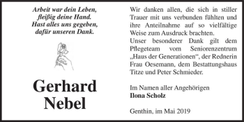 Traueranzeige von Gerhard Nebel  von Magdeburger Volksstimme