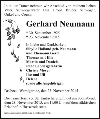Traueranzeige von Gerhard Neumann  von Magdeburger Volksstimme