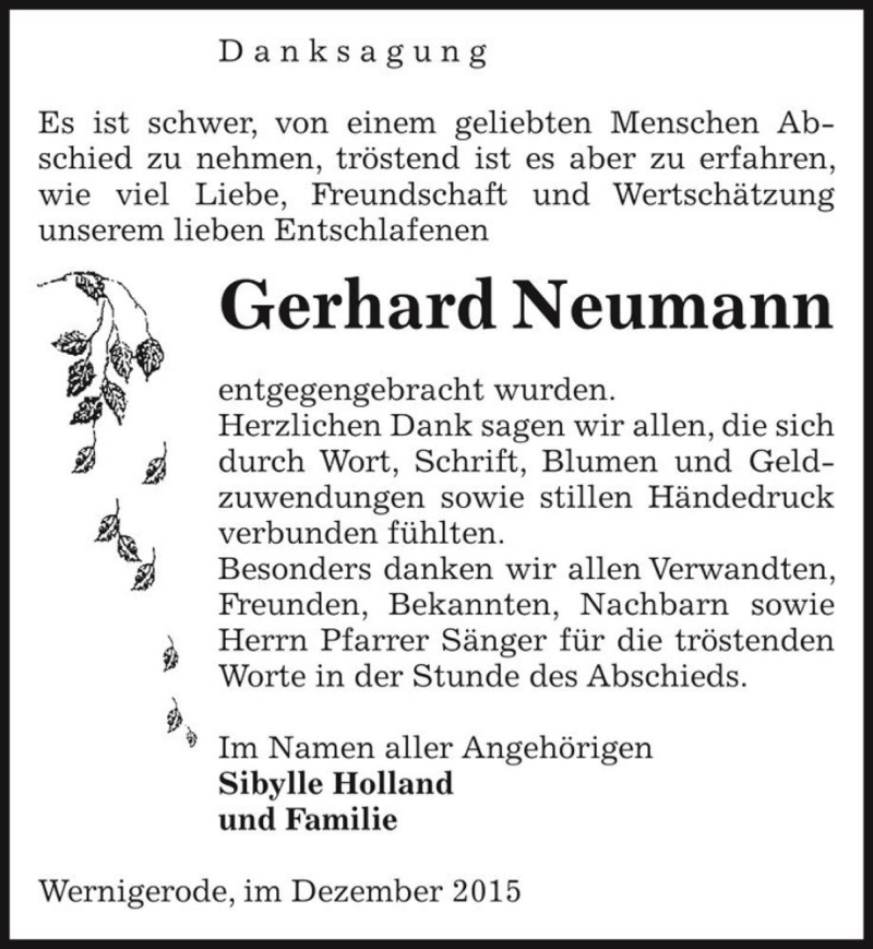  Traueranzeige für Gerhard Neumann  vom 19.12.2015 aus Magdeburger Volksstimme
