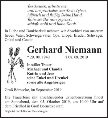Traueranzeige von Gerhard Niemann  von Magdeburger Volksstimme