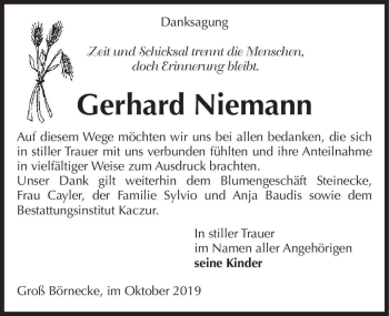 Traueranzeige von Gerhard Niemann  von Magdeburger Volksstimme
