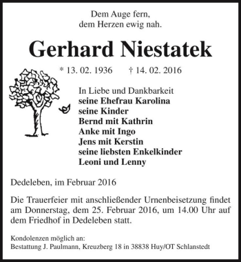 Traueranzeige von Gerhard Niestatek  von Magdeburger Volksstimme