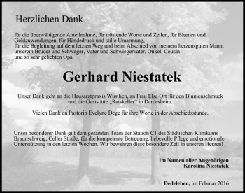 Traueranzeige von Gerhard Niestatek  von Magdeburger Volksstimme