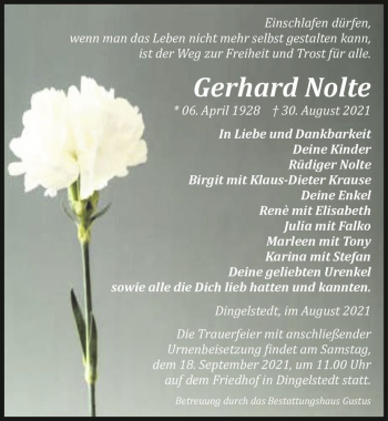 Traueranzeige von Gerhard Nolte  von Magdeburger Volksstimme