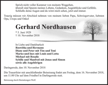 Traueranzeige von Gerhard Nordhausen  von Magdeburger Volksstimme