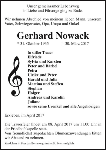 Traueranzeige von Gerhard Nowack  von Magdeburger Volksstimme