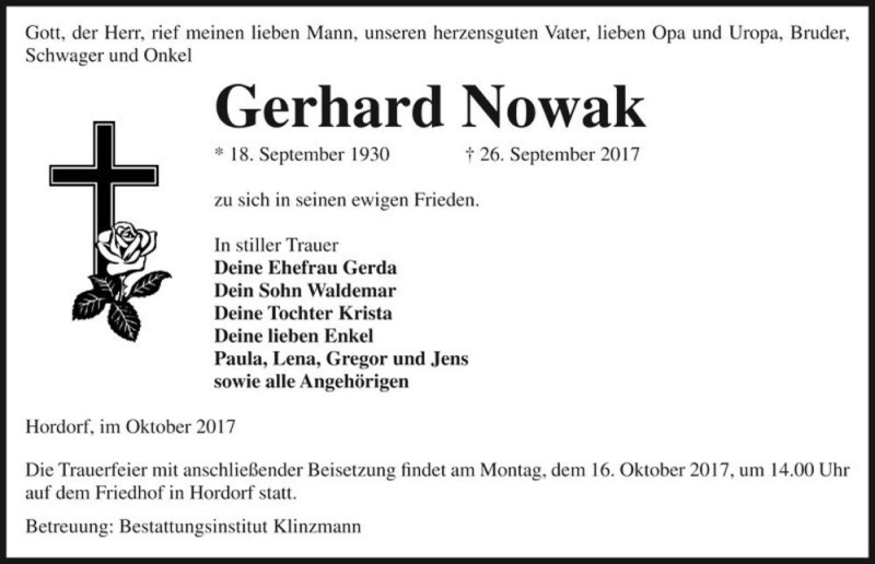  Traueranzeige für Gerhard Nowak  vom 07.10.2017 aus Magdeburger Volksstimme