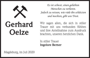 Traueranzeige von Gerhard Oelze  von Magdeburger Volksstimme