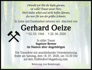 Traueranzeige von Gerhard Oelze  von Magdeburger Volksstimme