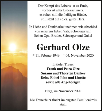 Traueranzeige von Gerhard Olze  von Magdeburger Volksstimme