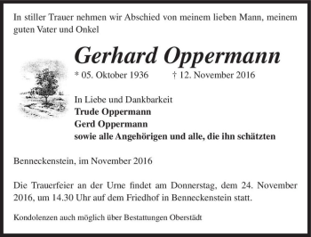 Traueranzeige von Gerhard Oppermann  von Magdeburger Volksstimme