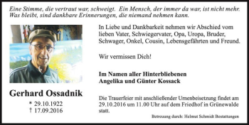Traueranzeige von Gerhard Ossadnik  von Magdeburger Volksstimme