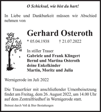 Traueranzeige von Gerhard Osteroth  von Magdeburger Volksstimme