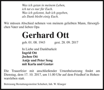 Traueranzeige von Gerhard Ott  von Magdeburger Volksstimme