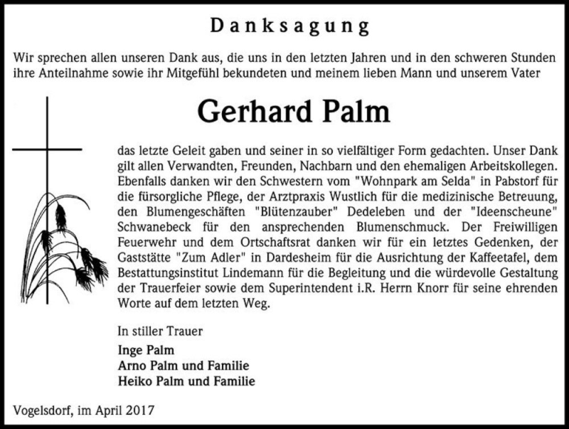  Traueranzeige für Gerhard Palm  vom 29.04.2017 aus Magdeburger Volksstimme