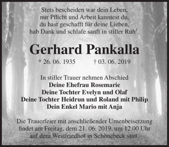 Traueranzeige von Gerhard Pankalla  von Magdeburger Volksstimme
