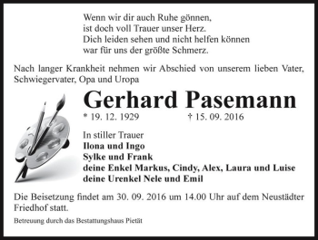 Traueranzeige von Gerhard Pasemann  von Magdeburger Volksstimme