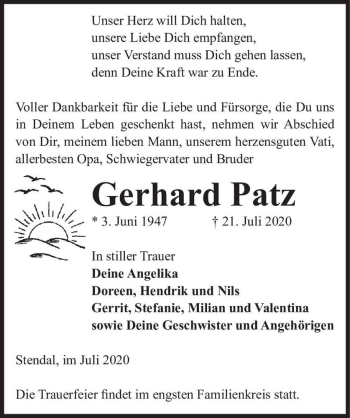 Traueranzeige von Gerhard Patz  von Magdeburger Volksstimme