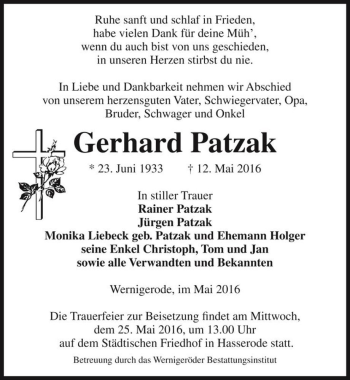Traueranzeige von Gerhard Patzak  von Magdeburger Volksstimme