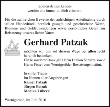 Traueranzeige von Gerhard Patzak  von Magdeburger Volksstimme