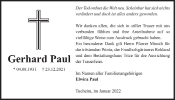 Traueranzeige von Gerhard Paul  von Magdeburger Volksstimme