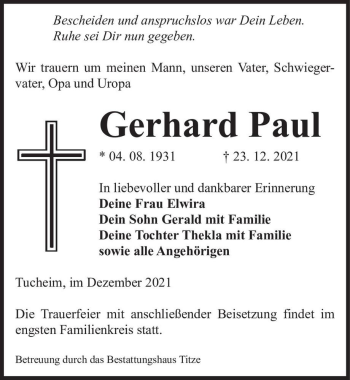 Traueranzeige von Gerhard Paul  von Magdeburger Volksstimme