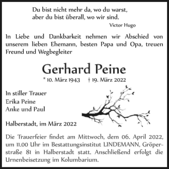 Traueranzeige von Gerhard Peine  von Magdeburger Volksstimme