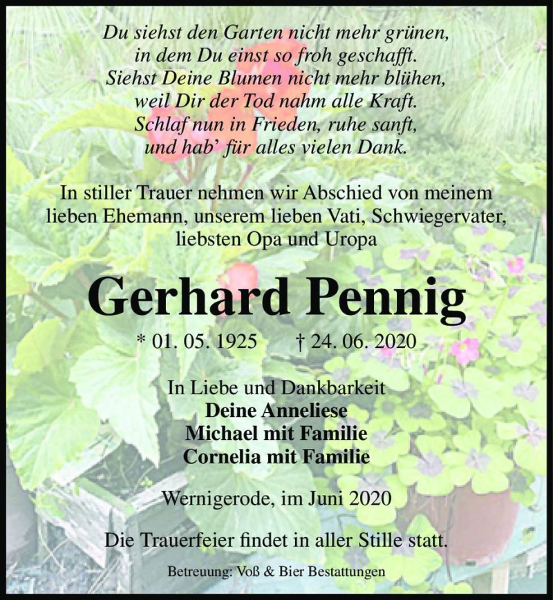  Traueranzeige für Gerhard Pennig  vom 27.06.2020 aus Magdeburger Volksstimme
