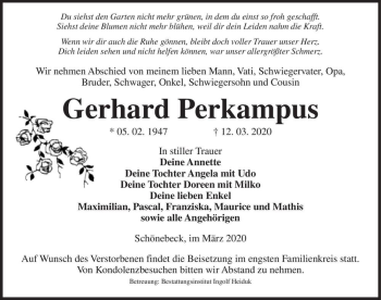 Traueranzeige von Gerhard Perkampus  von Magdeburger Volksstimme